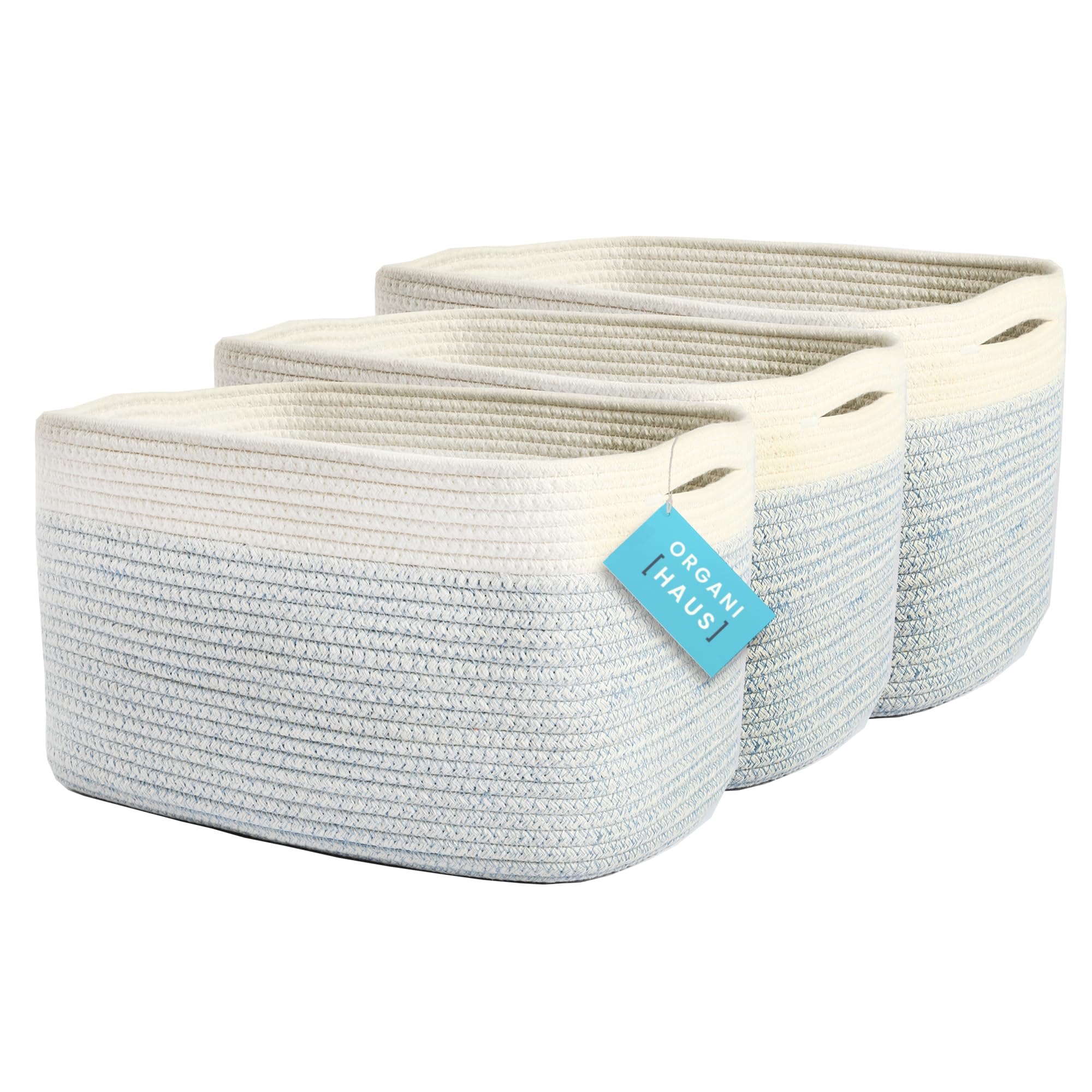 Organihaus Blue Blanket Basket Living Room 3-Pack | Shoe Basket | Woven Baskets For Storage | Towel Baskets For Bathroom | Cotton Rope Baskets For Storage | Decorative Nursery Storage Basket